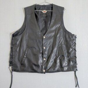 Harley-Davidson rider leather vest men's sz XL black with orange graphic design